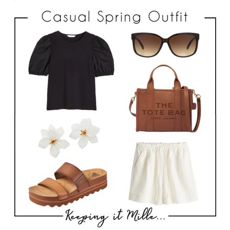 Casual spring outfit. Black puff sleeve top, gradient lens sunglasses, cognac brown tote, ivory linen pull-on shorts, another pop of ivory with floral earrings, and some comfy brown sandals.

#LTKstyletip #LTKitbag #LTKfindsunder100