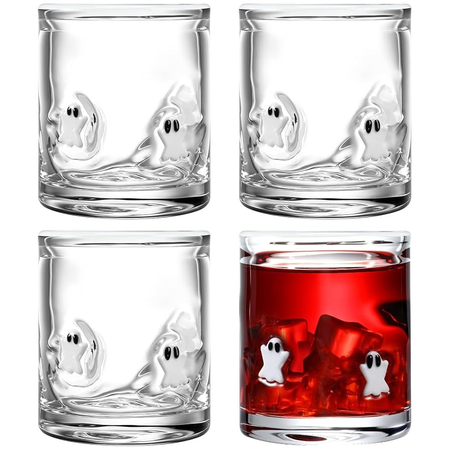 4 Pack Halloween Icon Glass Cups 14 oz Ghost Icon Juice Glasses Double Old Fashioned Hand Blown D... | Amazon (US)