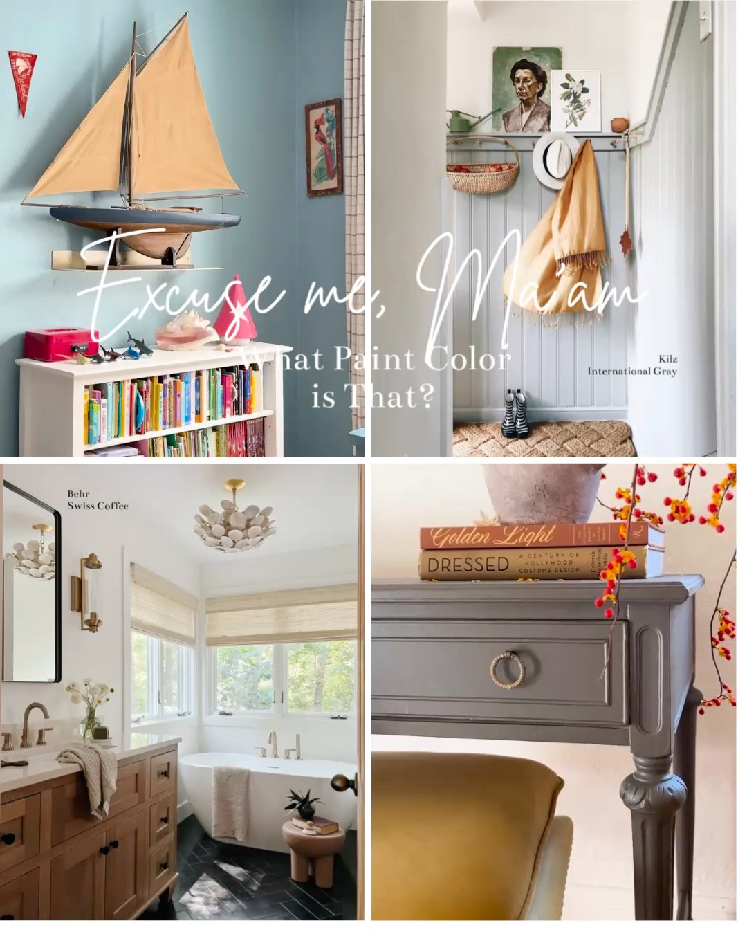 I always appreciate seeing how paint colors read in other people’s homes and also seeing how they work them with color schemes, styling, etc. Of course with photo filters and simply the difference in lighting from space to space, it’s hard to tell how a color might actually look in our own homes. But nonetheless I still find it helpful in narrowing the paint search sometimes, so here are our paint colors. If you have questions, let me know!

Mudroom Wainscoting: Kilz, International Gray. We did a flat finish, but highly recommend at least semi-glass for durability on wainscoting in a mudroom/back hall.

Treehouse Bathroom: Behr, Swiss Coffee, Satin Finish

Leo’s Room: HGTV Home by Sherwin Williams, Interesting Aqua, Satin Finish

Main Bath Wainscoting: Benjamin Moore, Horizon Gray, Semi-gloss Finish

Living Room/Dining Room: Benjamin Moore, White, Satin Finish — Yes, you read that right—just plain old ‘White’. 

China Cabinet: Fusion Mineral Paint, Bedford

Playroom: Walls—Behr, Whisper White, Satin Finish (our kitchen is this color too). Bookcase—Fusion Mineral Paint, Seaside

Family Room: Behr, Whisper White, Satin Finish

Desk Makeover: Fusion Mineral Paint, Oakham 

#watch

#LTKHome #LTKWatchNow #LTKStyleTip