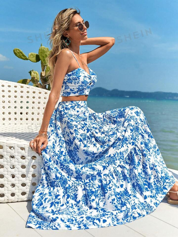 SHEIN VCAY Summer Flower Print Twisted Cami Crop Top And Skirt Set | SHEIN