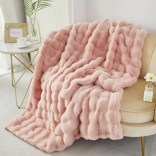 RYNGHIPY Faux Fur Blanket for Couch Fluffy Warm Throw Blanket for Sofa Bed Soft Plush Thick Bubble Blanket (Blush, 63''x79'') | Amazon (US)