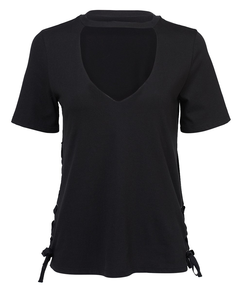 Forever 21 Women's Tee Shirts Black - Black Side-Ruched Choker-Cutout Top - Women | Zulily
