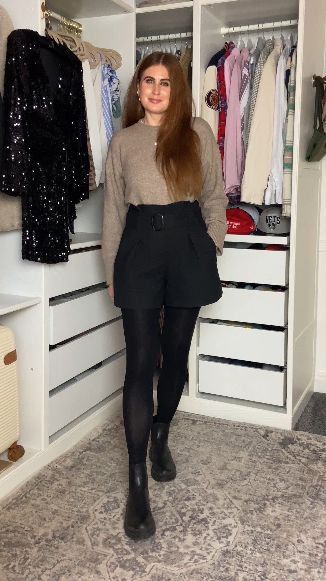 A chic, cool weather outfit that balances cosy and modern: beige crew neck, black shorts, tights, and Chelsea boots. Easy to style for daytime or evenings out. Linked affordable options to help you recreate the full look autumn outfits 

#LTKStyleTip #LTKSeasonal #LTKOver40