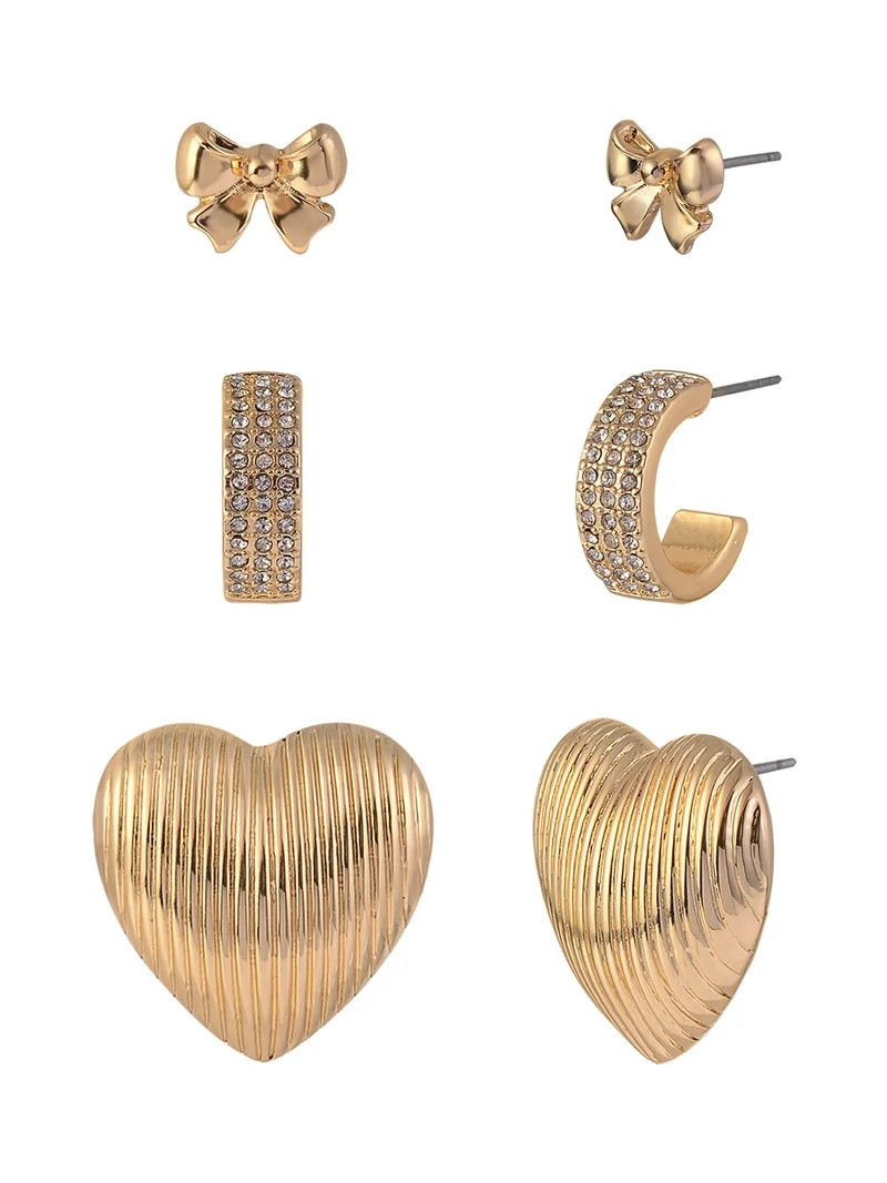 Time and Tru Women's Metal Bow Textured Heart Cry Pave Goldtone Hoop 3pc Multi Earring Set | Walmart (US)