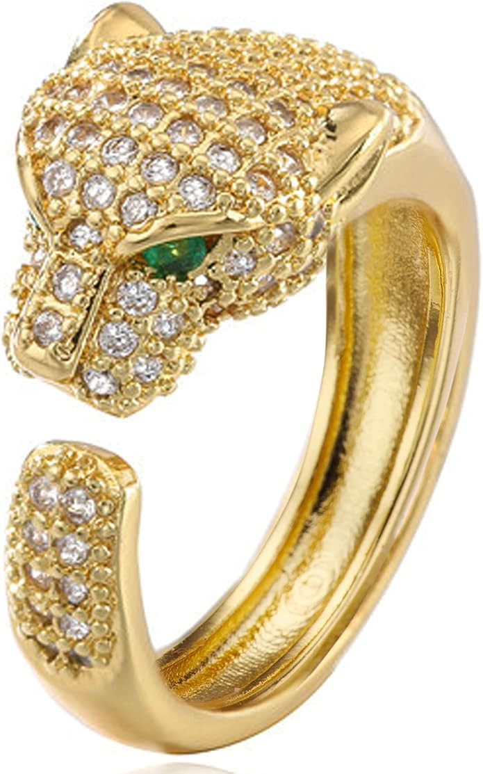 14K Gold Leopard Animal Leopard Head Cute Unique Women's Adjustable Set Zirconia Ring Holiday Gif... | Amazon (US)