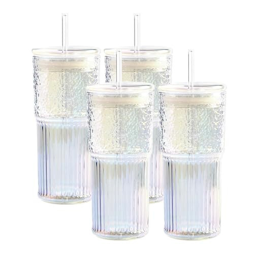 MINGHYZYA Rainbow 20 OZ Glass Cups With Lids and Straws, 4 Set Glass Tumbler Cup with Leakage Lid, Glass Iced Coffee Cups for Drinking Juice Smoothie Matcha, Suit for Car Cup Holder | Amazon (US)