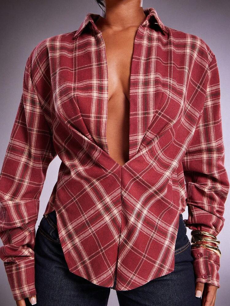 Denimoi Twisted Front Low Neck Long Sleeves Plaid Blouse | SHEIN