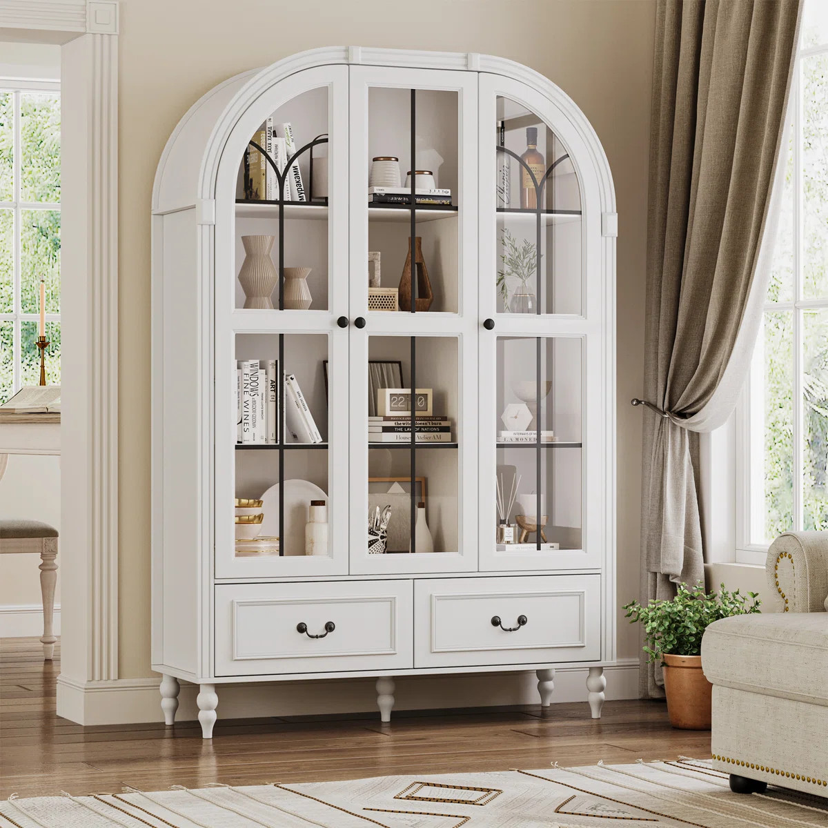 Arched Cabinet With Glass Doors And Adjustable Shelves | Wayfair North America