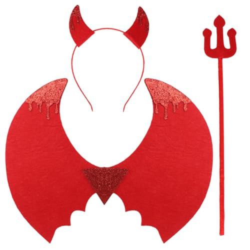 ANIUHL Halloween Red Devil Costume Set Glitter Demon Horns Headband Blood Wings Pitchfork for Cosplay Costume Party | Amazon (US)