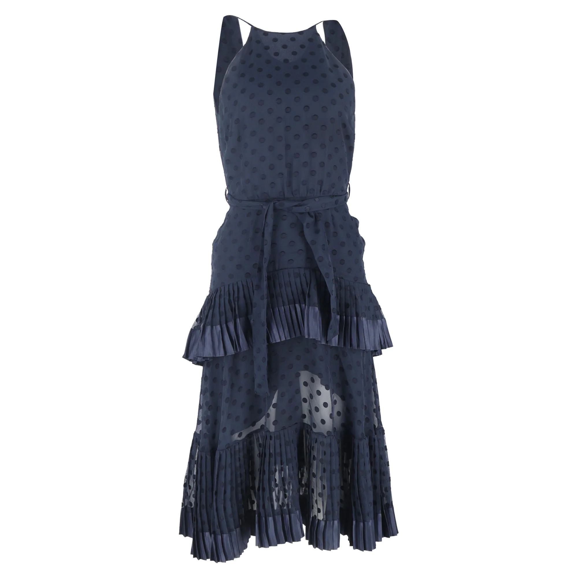 Zimmermann Pleated Polka Dot Midi Tiered Dress in Navy Blue Polyester | Shop Simon