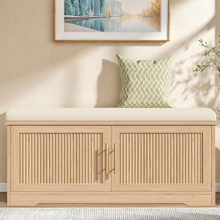 39.4" Fluted Shoe Storage Bench with Seat Cushion, Natural Oak | Amazon (US)