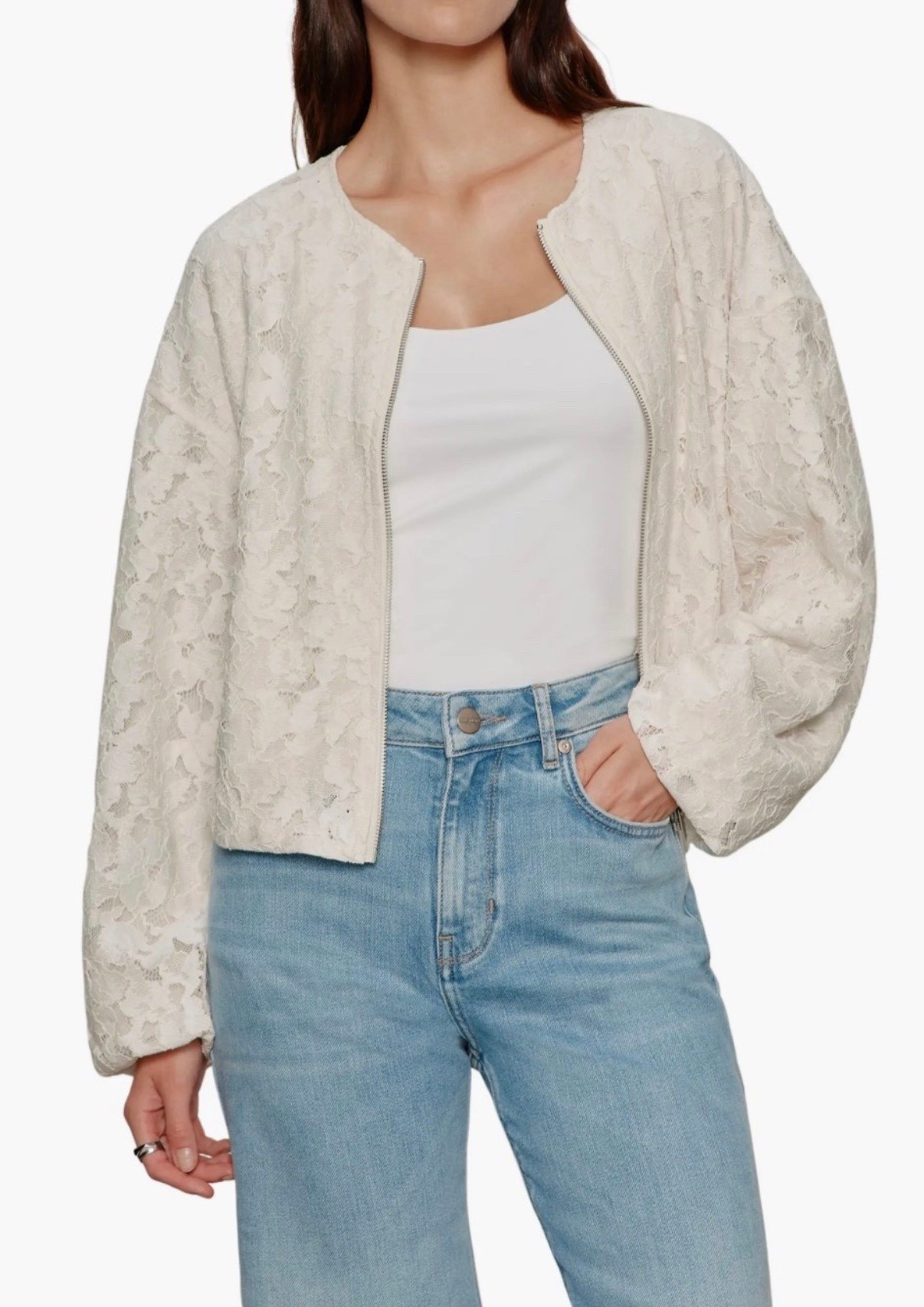Lace bomber jacket 
Jacket
White jacket 
Jeans 

#LTKSeasonal #LTKdayinmylife