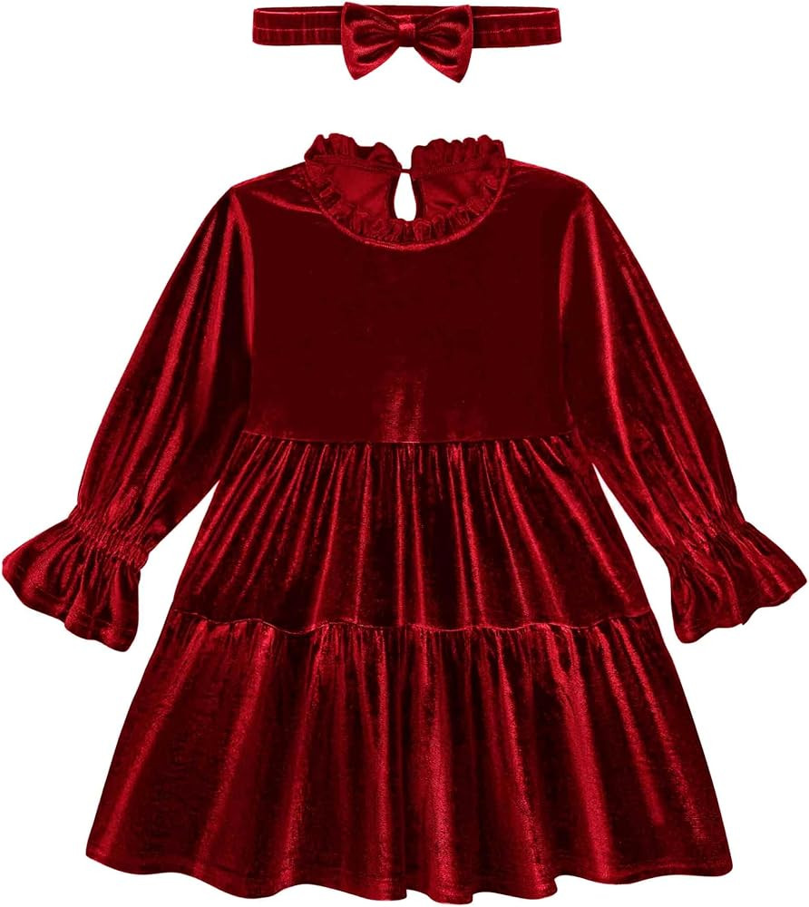 Baby and Toddler Girls Velvet Dresses Christmas Dress Long Sleeve Birthday Party Playwear Dress F... | Amazon (US)