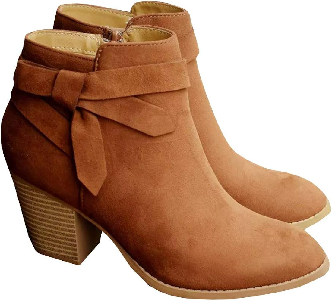 PiePieBuy Women's Tie Knot Chelsea Pump Ankle Boots Closed Toe Stacked Heel Booties Shoes | Amazon (US)
