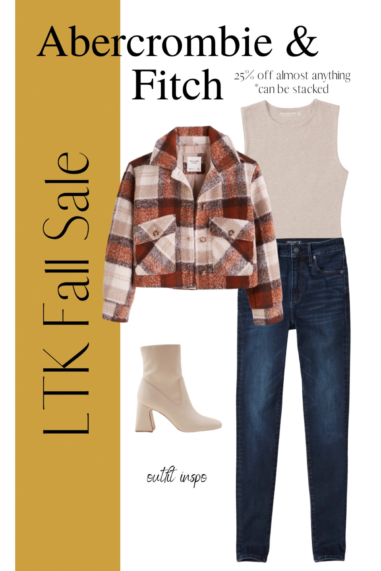 Abercrombie is 25% off almost anything AND can be stacked with other codes for the LTK Sale!! Today-Sept 20, exclusively in the LTK app.

Abercrombie & Fitch, A&F, womens, casual, dressy, fall, fall fashion, fall wardrobe, layers, basics, denim, curvy jeans, curve love, skinny jeans, cropped jacket, plaid shacket, shacket, white booties, outfit inspo

#LTKfit #LTKSale #LTKstyletip
