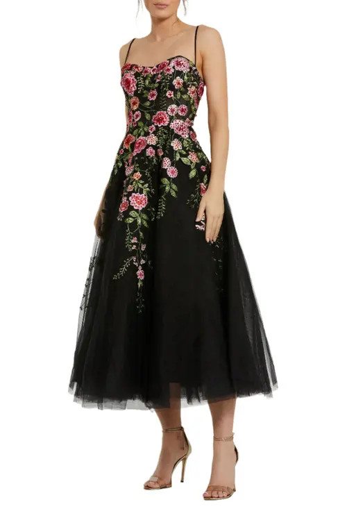 Mac Duggal Bustier Embroidered Floral A-Line Dress in Black Multi at Nordstrom, Size 8 | Nordstrom