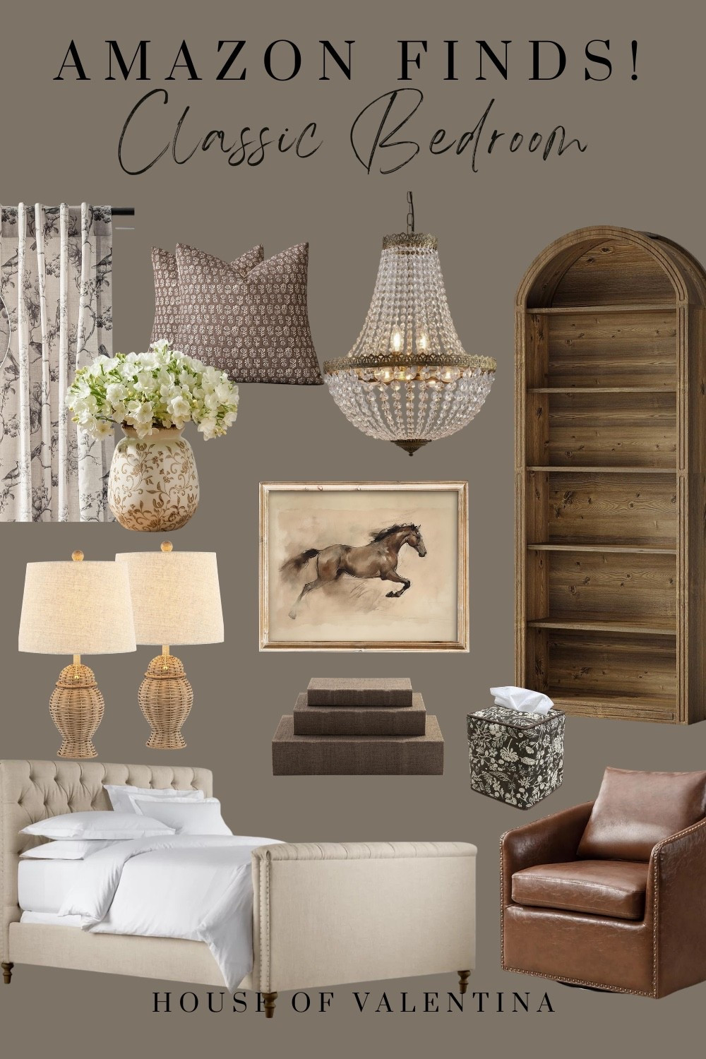 I am completely obsessed with this classic bedroom! It feels collected, layered, and timeless while still being incredibly warm and inviting. The mix of soft neutrals, rich wood tones, vintage-inspired florals, warm leather, and just a touch of sparkle from that chandelier is SO GOOD.

Amazon has some incredible finds right now, and I love how these pieces can completely transform a bedroom without making it feel overly designed. Give me beautiful bedding, a gorgeous statement light, layered patterns, and furniture that looks like it has a story to tell, and I’m happy!
 

 #LTKSeasonal #LTKHome