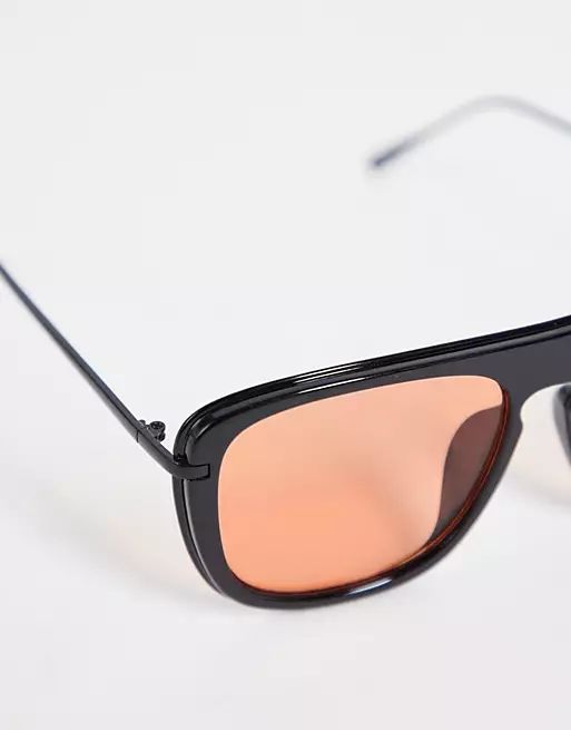 ASOS DESIGN aviator sunglasses in black with orange lens | ASOS (Global)