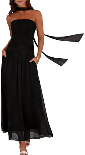 Summer Maxi Dresses for Women 2026 Strapless Ruched Tube Dress with Scarf Beach Vacation Spring W... | Amazon (US)