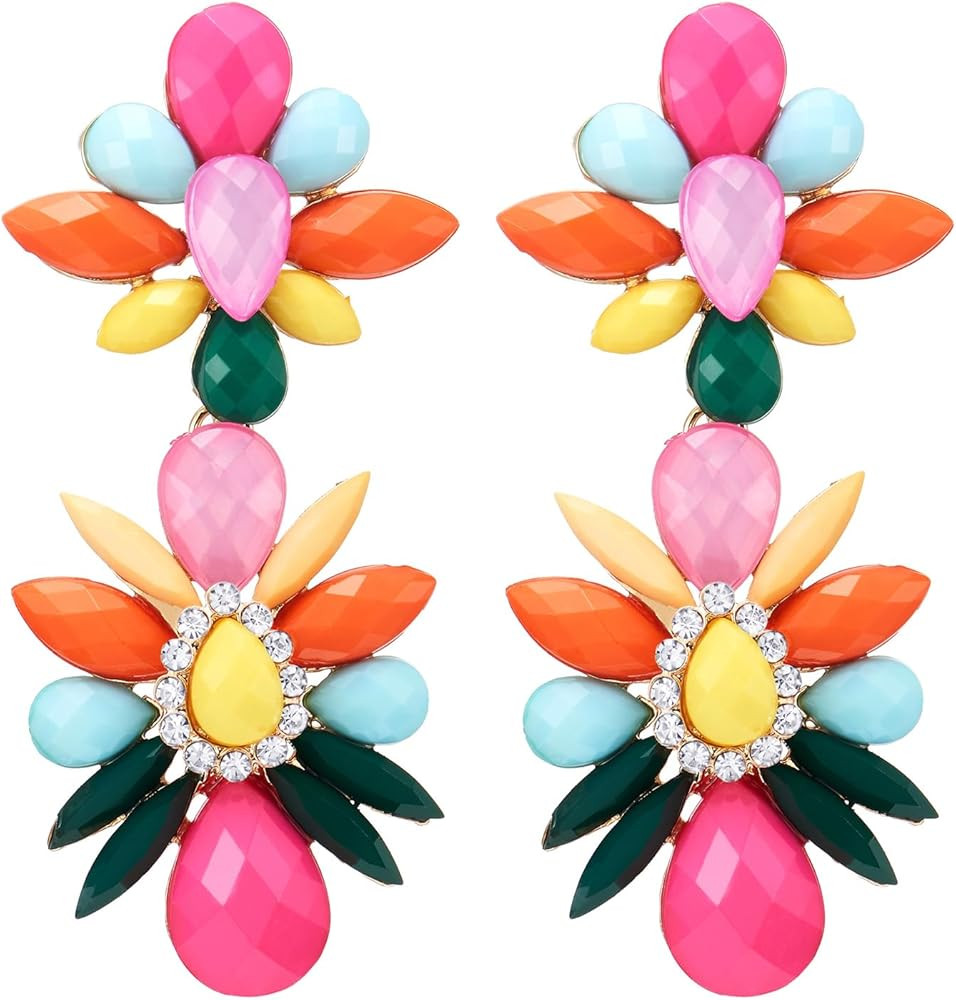 Bohemian Statement Earrings Colorful Gem Stone Rhinestone Cluster Chandelier Flower Petal Long Dr... | Amazon (US)