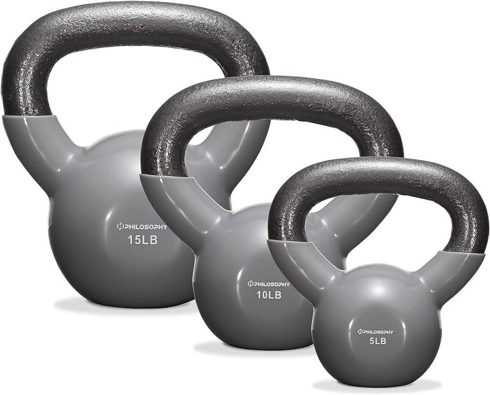 Philosophy Gym (Set of 3) Vinyl Coated Cast Iron Kettlebell Weights - 5lb, 10lb, 15lb | Amazon (US)