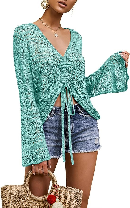 Women Crochet Top Beach Cloth Drawstring Shirt Cover Up Oversized Sexy Beachwear Lace Up Tee Ponc... | Amazon (US)