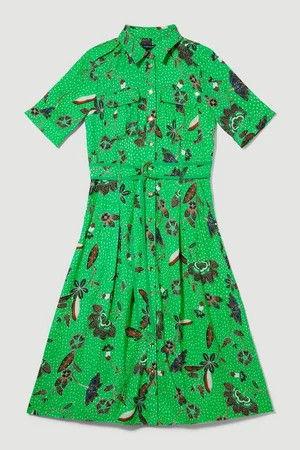 Petite Floral Batik Premium Linen Woven Shirt Dress | Karen Millen AUS