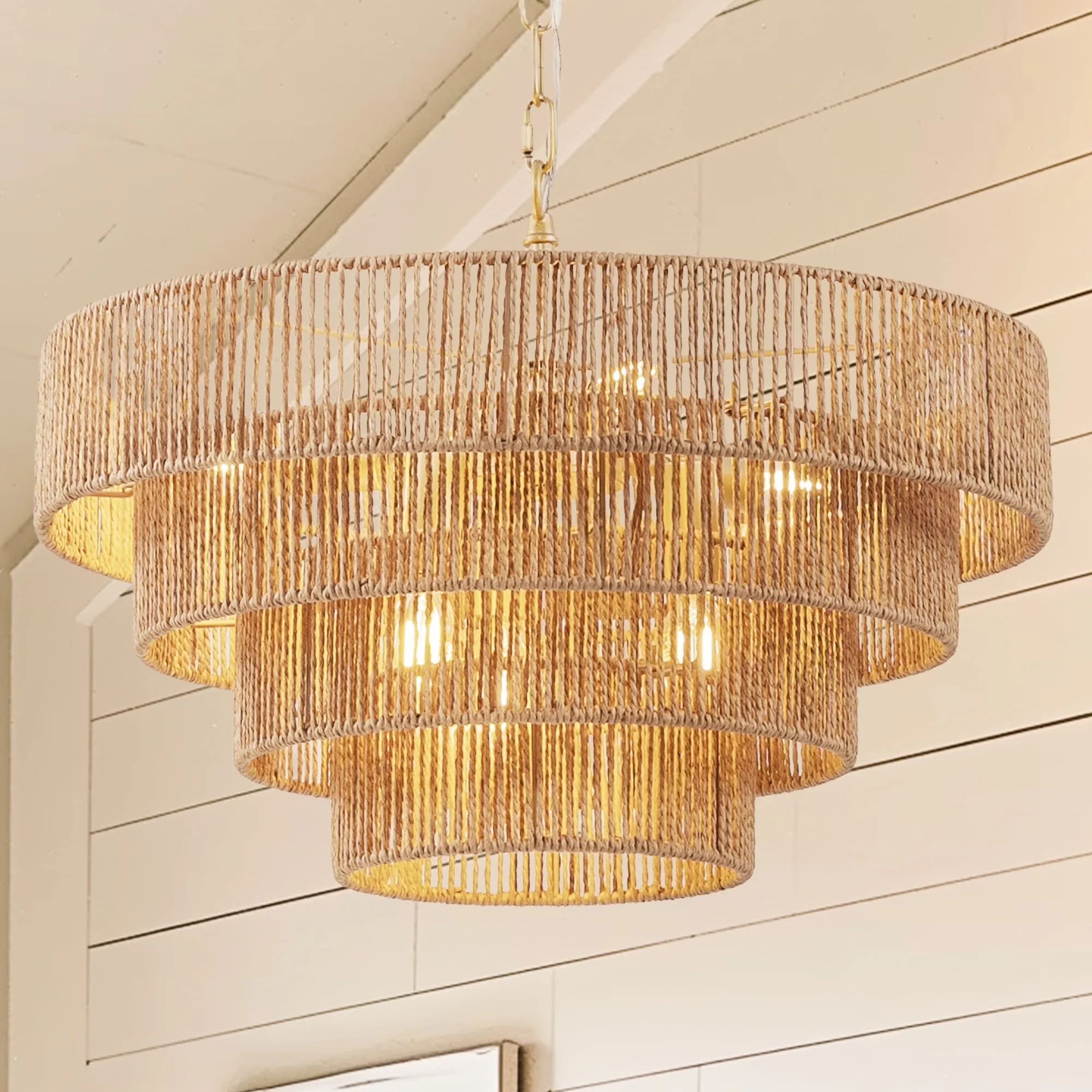 YANSUN Farmhouse 6-Light Hand-Woven Rattan Chandelier, Vintage Boho 19.7" Bamboo Light Fixture, R... | Walmart (US)