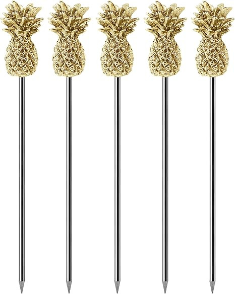 Cocktail Picks Martini Picks Stainless Steel Reusable with Pineapple Tops Gold Set of 5 | Amazon (US)