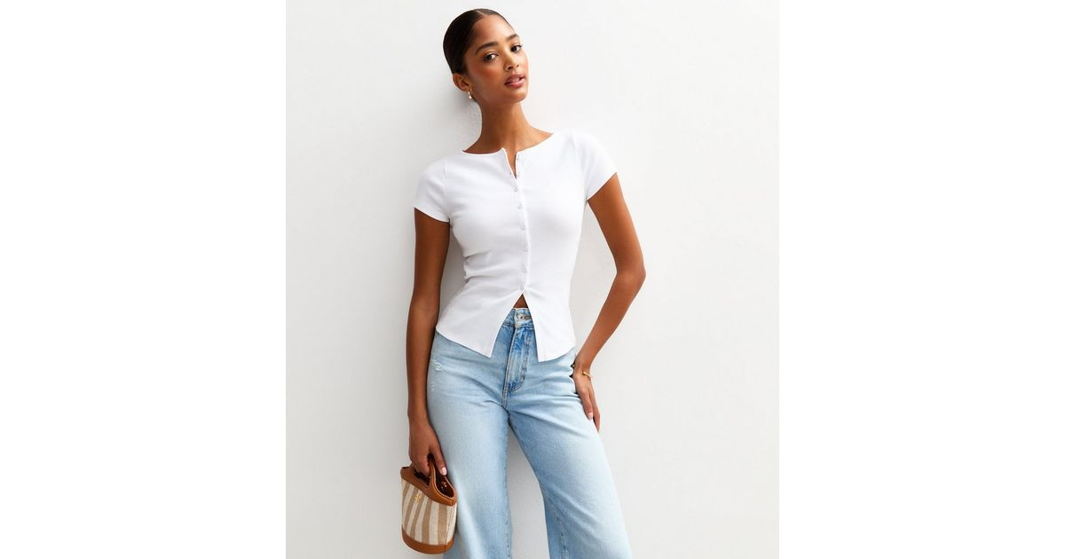White Ribbed Button Up Baby Tee | New Look | New Look (UK)