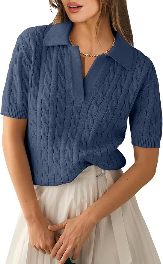 ANRABESS Women's Short Sleeve Sweaters Tops Polo V Neck Cable Knit Casual Soft Pullover Shirts 20... | Amazon (US)