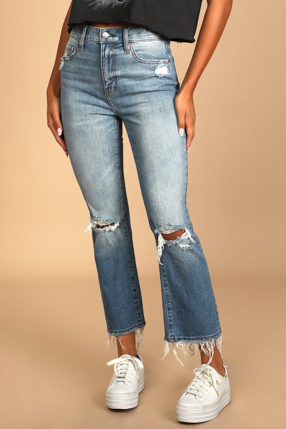 Shy Girl Medium Wash High-Rise Distressed Cropped Flare Jeans | Lulus (US)