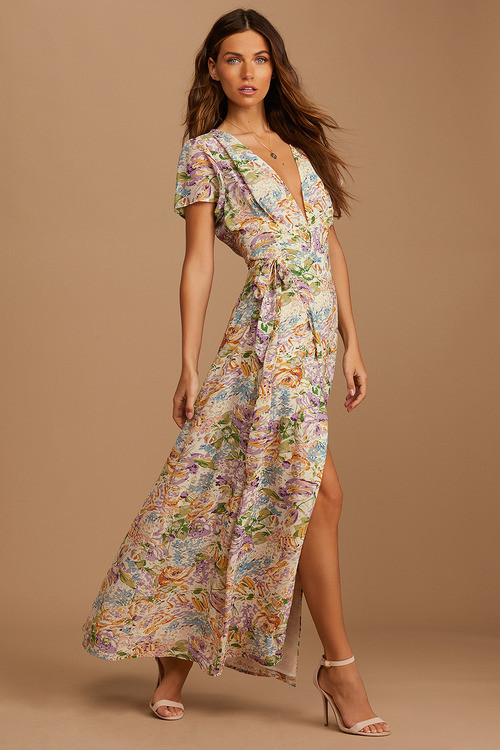 Feels Magical Ivory Floral Print Short Sleeve Wrap Maxi Dress | Lulus (US)