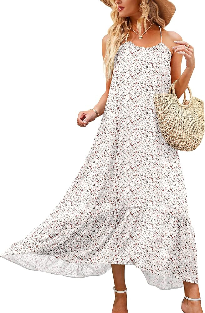 ANRABESS Womens Summer High Low Ruffle Maxi Dress Spaghetti Strap Print Flowy Beach Long Dress | Amazon (US)