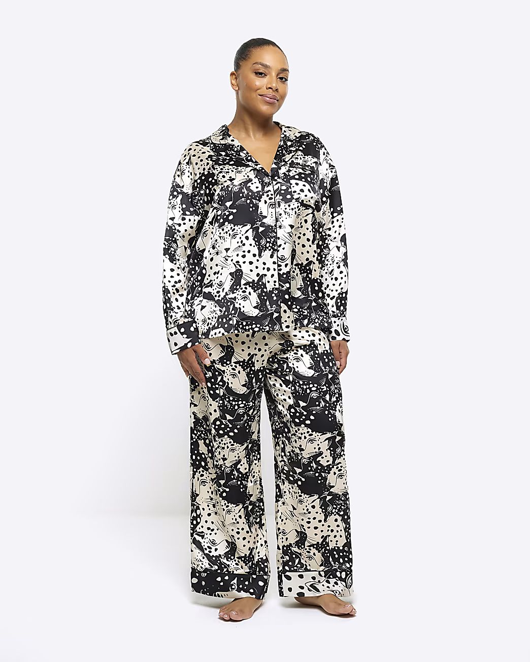 Plus black satin animal print pyjama shirt | River Island (US)