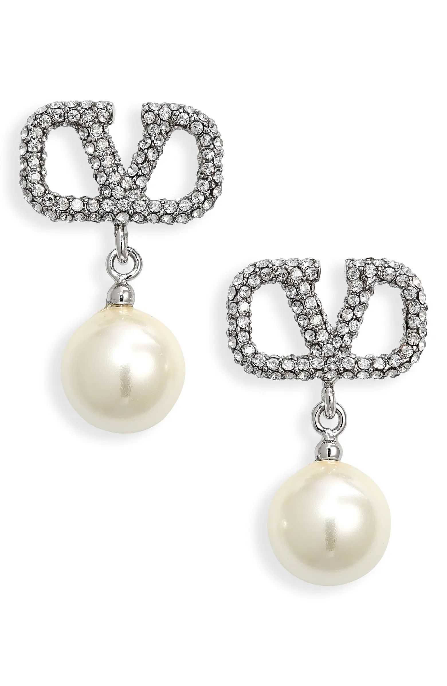 Valentino Garavani VLOGO Crystal Imitation Pearl Charm Earrings | Nordstrom | Nordstrom