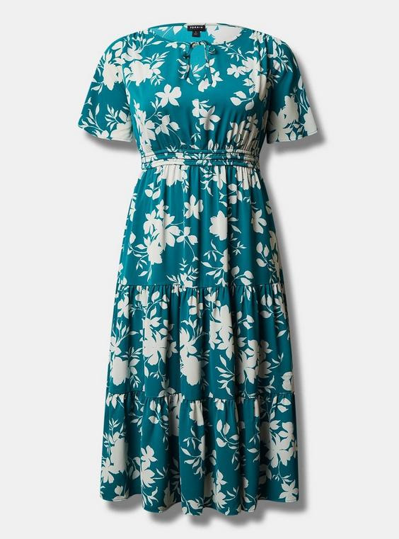 Tea Length Studio Crepe De Chine Tie Neck Tiered Dress | Torrid (US & Canada)