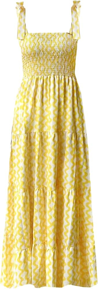 kinstell Women's Summer Boho Spaghetti Strap Square Neck Ruffle Casual Flowy Long Dress Beach Swi... | Amazon (US)