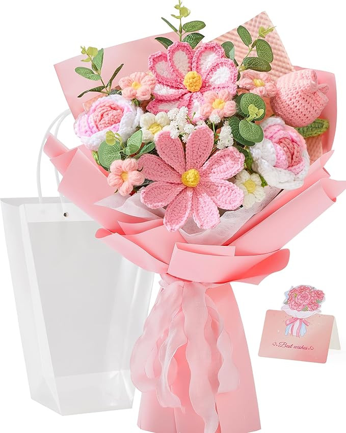 Alecono Crochet Flower Bouquet, Pink Handmade Knitted Flowers, Crochet Tulips Galsang Flower for ... | Amazon (US)