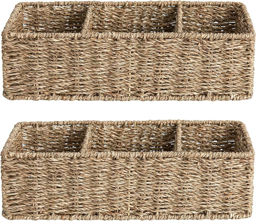 StorageWorks 3-Section Wicker Baskets for Shelves, Hand-Woven Seagrass Storage Baskets, 2-Pack | Amazon (US)