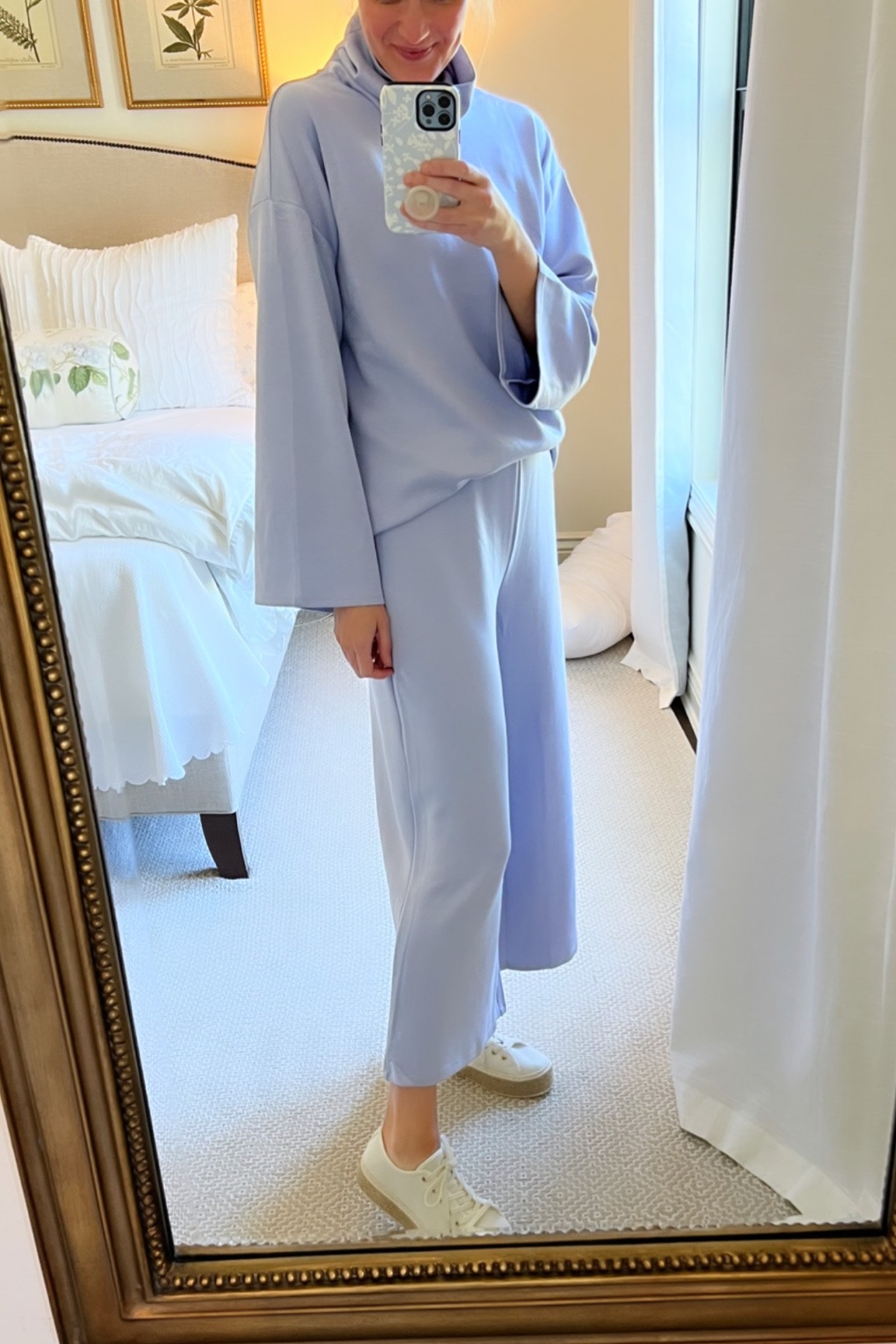 Walmart Loungewear set you need! Comes in both this pretty blue color and ivory! I’m wearing the small top and medium pants! I’m 5’9 130. 
