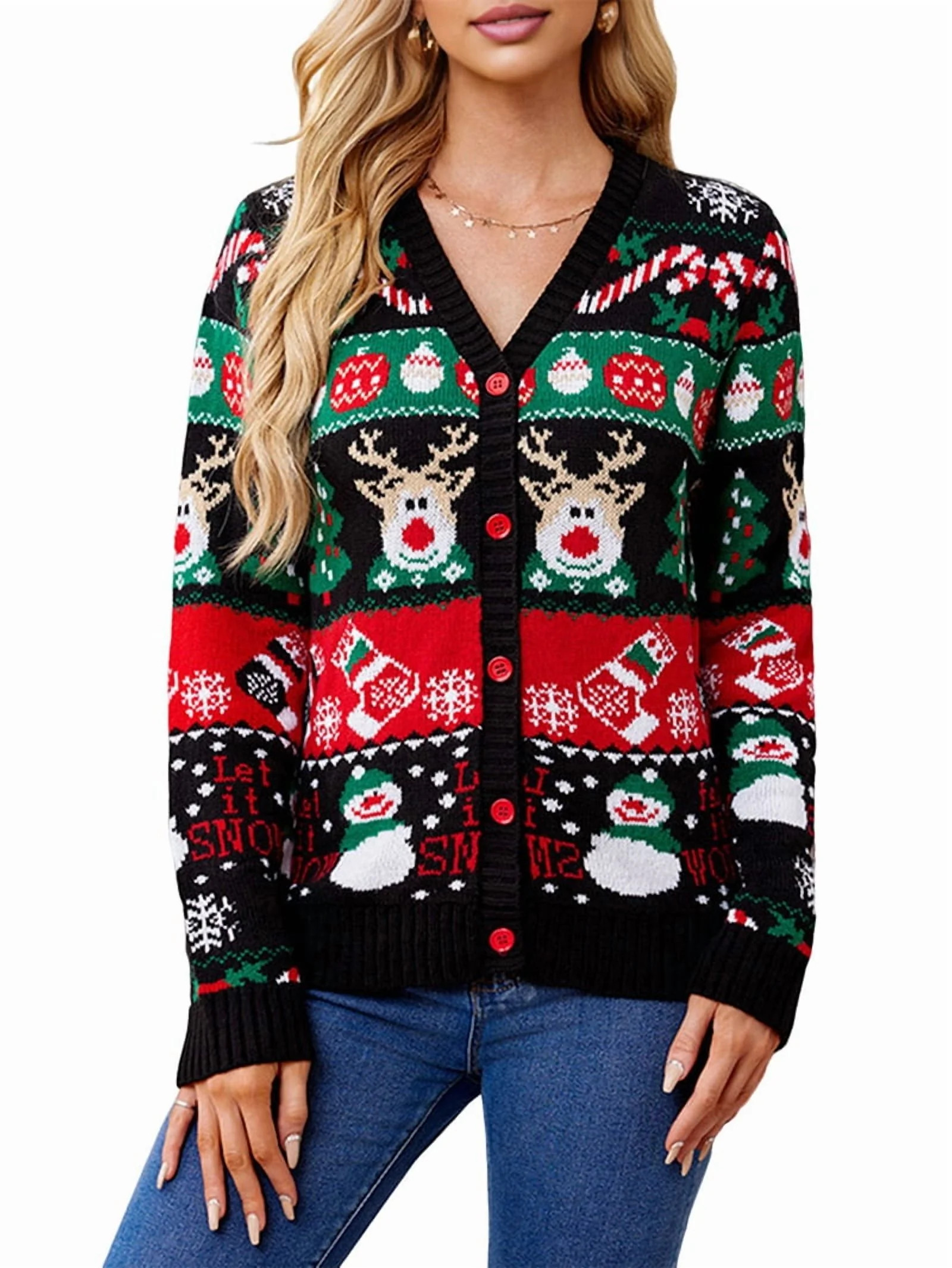 Christmas Sweaters for Women Cute Fuzzy Funny Wintertime Holiday Parties Knitted Casual Cardigan ... | Walmart (US)