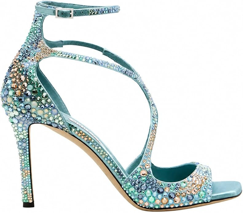 Strappy Stiletto Heeled Sandals for Women Rhinestone Square Open Toe Heels Ankle Buckle Summer Ev... | Amazon (US)