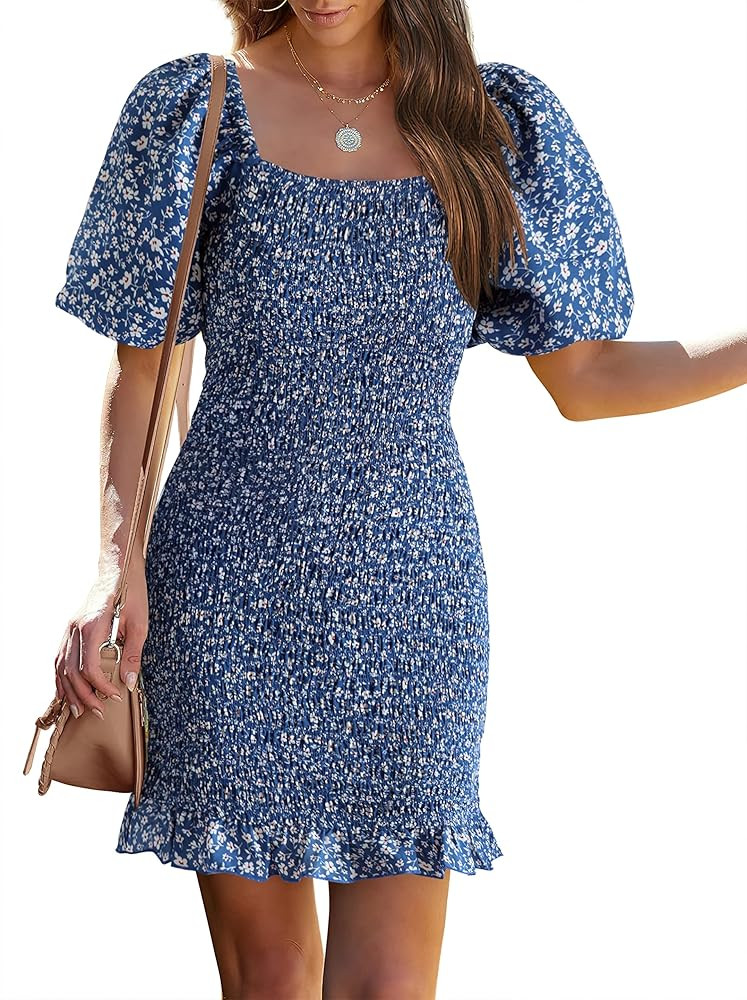 PRETTYGARDEN Womens Square Neck Floral Print Smocked Dress Short Puff Sleeve Bodycon Summer Mini ... | Amazon (US)