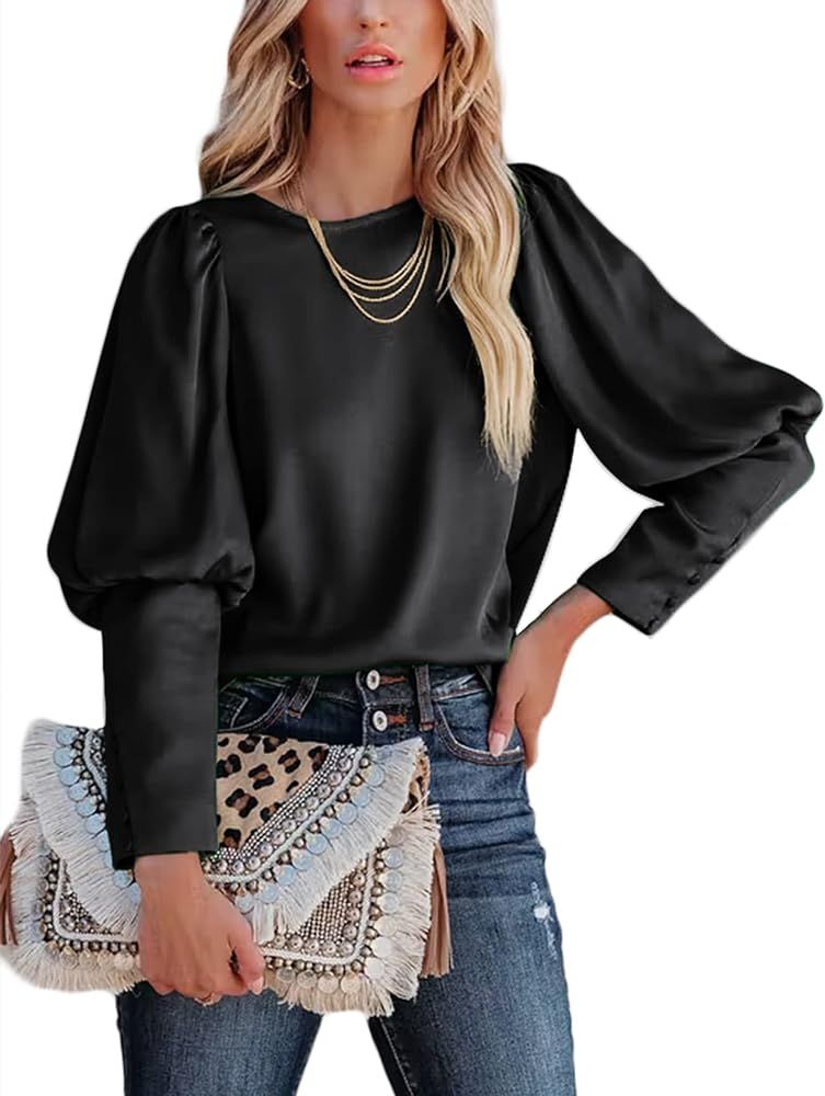 Women's Satin Blouse Puff Long Sleeve Silk Shirts Crew Neck Dressy Business Work Tunic Top | Amazon (US)