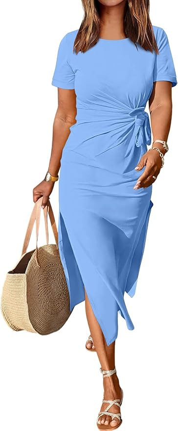 ANRABESS Women's 2026 Summer Maxi Tshirt Dress Short Sleeve Crewneck Tie Waist Casual Slim Fit Sl... | Amazon (US)