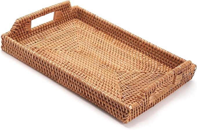 Rattan Serving Tray, Hand Woven Tray with Handles, Rectangular Wicker Basket Tray for Coffee Tabl... | Amazon (US)