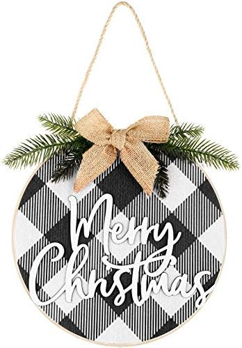Merry Christmas Decorations Wreath Christmas Hanging Sign Rustic Burlap Wooden Holiday Decor for ... | Amazon (US)