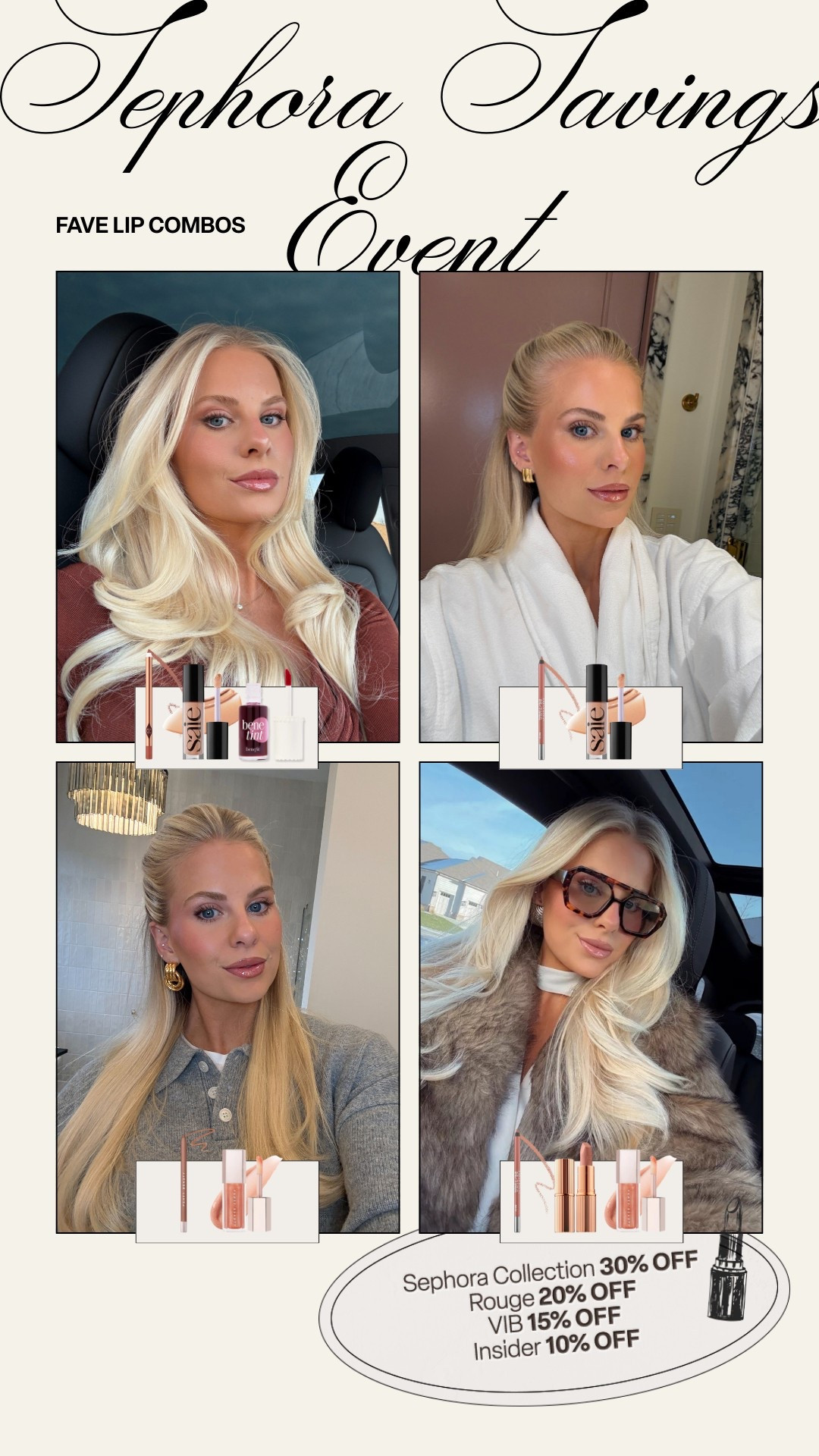 Favorite lip combos! Code SAVEMORE @sephora #sephorapartner

Shades:
Charlotte tilbury liner - iconic nude
Benefit lip tint - benetint
Saie gloss - shake
Urban decay liner - naked 2
Fenty liner - pnut butta
Fenty gloss - champ stamp
Charlotte Tilbury lipstick - Kim K.W.

Kathleen post, Sephora sale, Sephora savings event, fave lip combos, beauty tips, lipstick, lipgloss, lipliner, beauty faves

#LTKFindsUnder50 #LTKSaleAlert #LTKBeauty