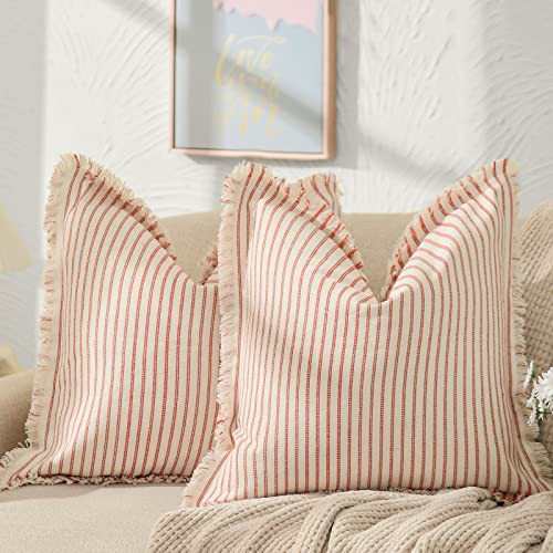 ZWJD Red Throw Pillow Covers 24x24 Set of 2 Striped Pillow Covers with Fringe Chic Cotton Decorative Pillows Square Cushion Covers for Sofa Couch Bed Living Room Farmhouse Decor | Amazon (US)